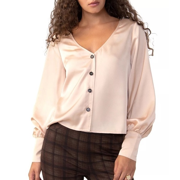 Sanctuary Tops - Sanctuary Women's Satin Extended Cuff Blouse Beige, Oatmilk US XS